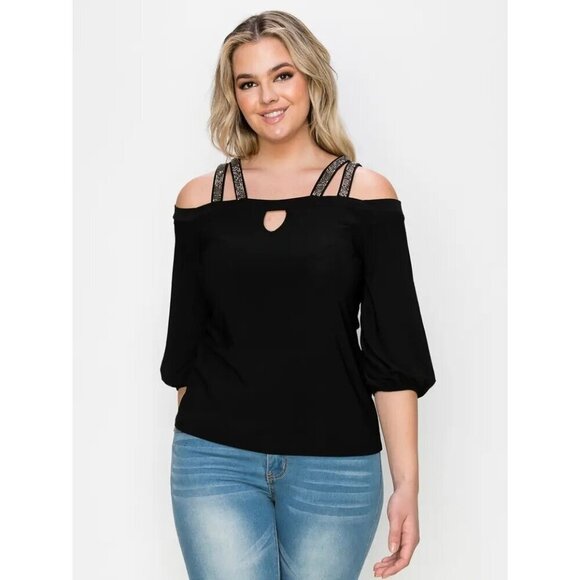 Embellishment Double Straps Keyhole Cold Shoulder Blouse - Picture 2 of 9